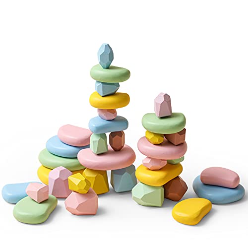 Image of OESSUF 34PCs Stacking Rocks Balancing Stacking Stones Wooden Stacking Toys Wooden Stone Stacking Game for Toddler Wood Sorting Montessori Stacking Rocks for Kids