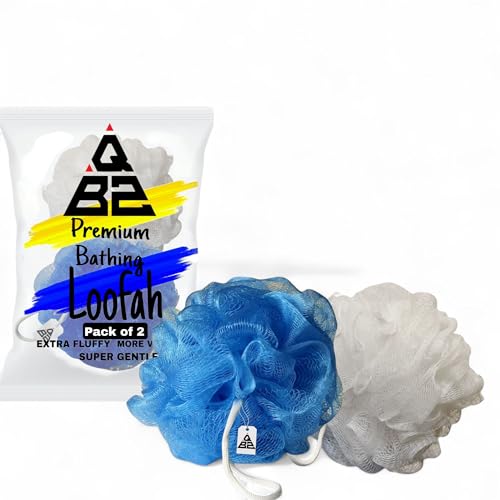 Image of QBZ Large Bath Loofah Sponge Scrubber Exfoliator for High Lather Cleansing (SKY BLUE & WHITE, 1 Count (Pack of 2))