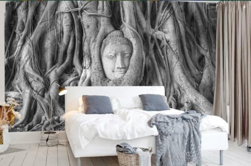 rskjdghshd 3D Fondo De Pared Con Raíces De Árboles, Estatua De Buda, Fondo De Pantalla Para Sala De Estar-150Cmx105Cm