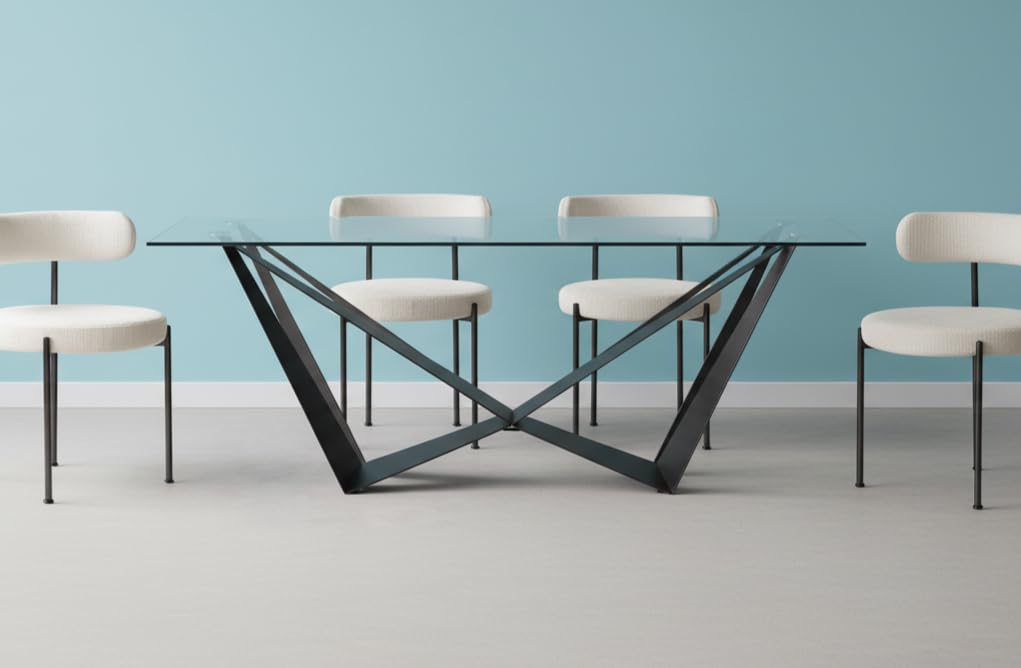 Table de salle à manger avec pieds métalliques noirs inclinés et plateau en verre trempé - 160 x 90 x 76 cm - Design moderne et industriel haute résistance
