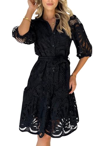 Image of Women's Summer Hollow Out Lace Mini Dress Lantern Sleeve Lapel Button Ruffle Casual Beach Party Dresses