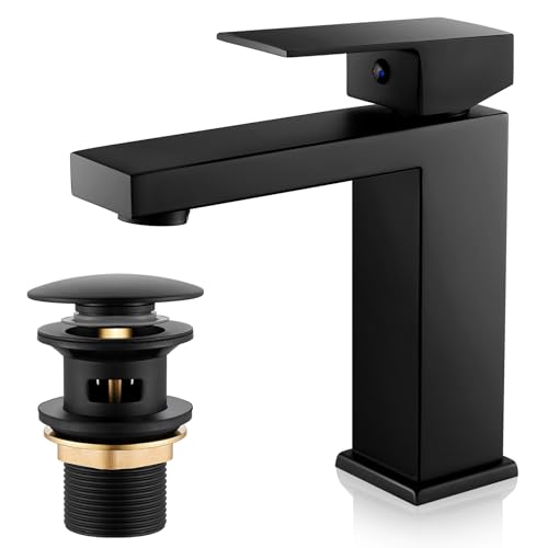 Wasserhahn Bad Schwarz Waschtischarmatur mit Pop-Up Ablaufgarnitur, Wasserhähne Eckig mit Höhe 164mm, Bad Armatur Mischbatterie Waschbeckenarmatur Einhebelmischer, G3/8