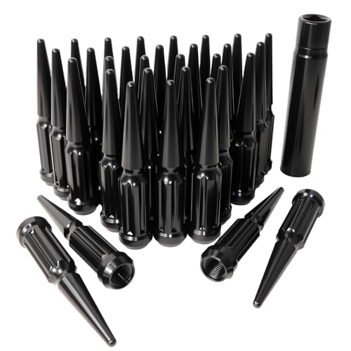 9/16-18 Spiked Lug Nuts, 3/4" Hex Closed End Nut with 1 Socket Key, Wheel Spiked Lug Nuts for Dodge Ram 1500 2500 3500, Ford F250 F350, Fit for Aftermarket Wheel (32Pcs,Black)