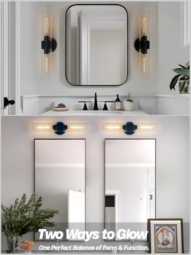 Image of Modern Wall Sconces Set of Two,Black Bathroom Vanity Light with Handblown Clear Glass Indoor Hardwired Wall Sconce Light for Bathroom Bedroom Living Room Hallway Stairway E26
