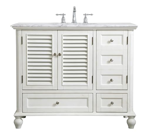 ARS Concepts 42" Pre-Assembled Bathroom Vanity with Sink, MDF Engineered Wood, Carrara White Marble Countertop Included, Single Oval Porcelain Sink, 2 Soft-Close Drawers, Antique White