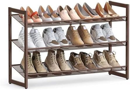 SONGMICS HOME 3-Tier Stackable Shoe Rack, Metal Shoe Organizer fo...
