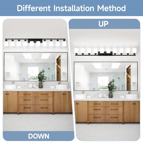 Image of 10-Light Bathroom Vanity Light,Modern Matte Black Bathroom Light Fixtures with Square Frosted Glass,64.5in Wall Sconces Over Mirror Restroom,Living Room Hallway E26