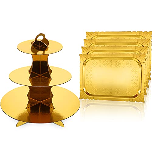 4 Pieces Gold Paper Cardboard Rectangle Trays Heavy Duty Disposable Serving Platters And 3-Tier Cardboard Cupcake Stand Gold Dessert Tower Round Cake Fruit Display Holder For Wedding Birthday Party #TOP30