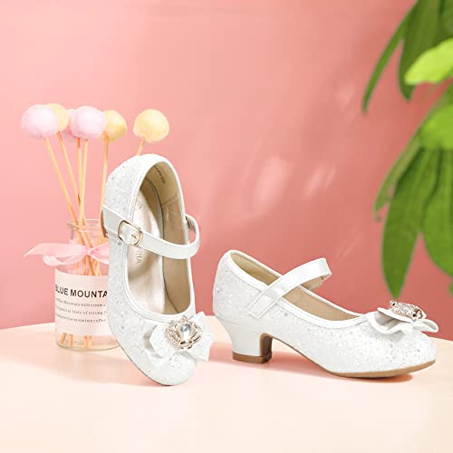 Pandaninjia Sadie Girls Heels Dress Shoes Rhinestone Bows Mary Jane Pumps Low Heel Princess Flower Wedding Party For Toddler Little Kid (White Sequin, 9 M Us Toddler) #TOP24