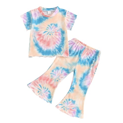Frietlebird Toddler Baby Girl Summer Clothes Ruffled Tie Dye Short Sleeve T-shirt with Bell Bottoms Pants Sets Summer Outfits 2Pcs (A-Colorful,18-24 Months)