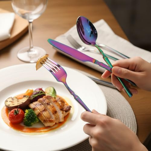 Image of 25 Pcs Rainbow Cutlery Set for Dining Table the Perfect Lightweight Silim Handle Tableware Including Dinner Spoon, Dinner Fork, Dinner Knife, Dessert Spoon & Dessert Fork