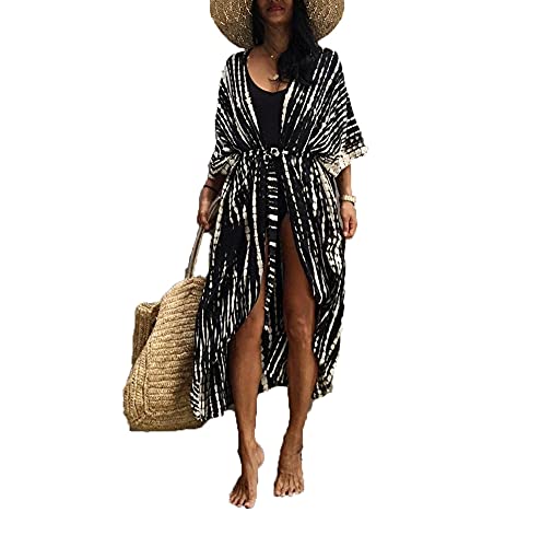 Kimono caftan sexy femme noir - Cardigan ample rétro avec ceinture ajustable taille unique