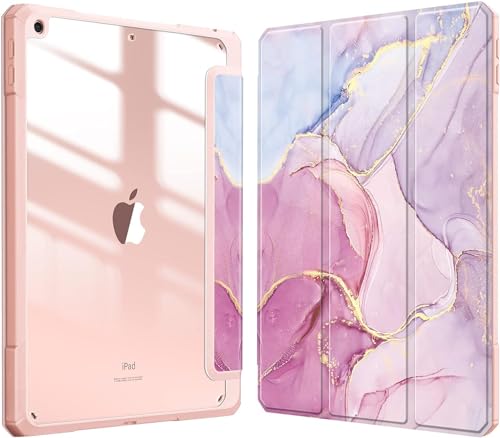 Protective Hybrid Slim Case for iPad 9th / 8th / 7th Generation (2021/2020 /2019) 10.2 Inch - [Built-in Pencil Holder] Shockproof Cover w/Clear Transparent Back Shell Auto Sleep Wake (Pink Marble)