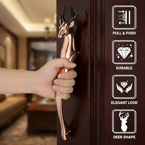 Image of GLOXY Premium Rose Gold 12 inch Classic Vintage Deer Shaped Main Door Handle with 8 inch Hole-to-Hole Spacing - Decorative Push & Pull Aluminium Doors Handles for Homes, Villas & Offices- Pack of 1