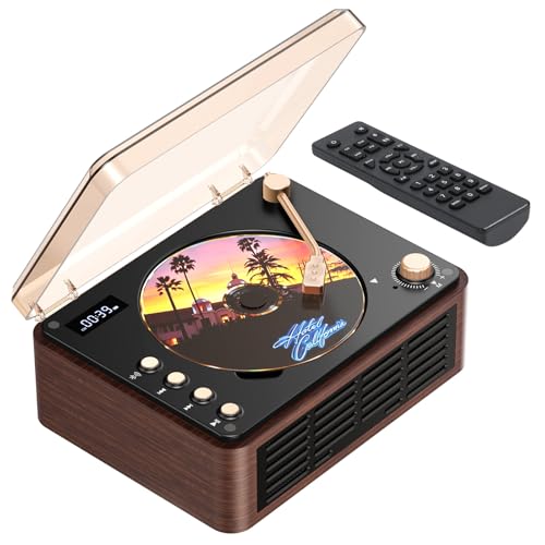 CD Player with Speaker, Retro Portable CD Players for Home with Bluetooth, Hi-Fi Bass Boost, 3600mAh Battery, Top-Loading Design, LCD Display, USB/AUX Input/FM Radio - Walnut Brown