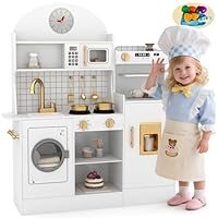 Kids Wooden Kitchen, Large Pretend Role Play Kitchen Toys with Sound and Light, Oven, Washing Machine, Toy Coffee Station, Accessories, Children Kitchen Playset for 3+ Years Boys Girls