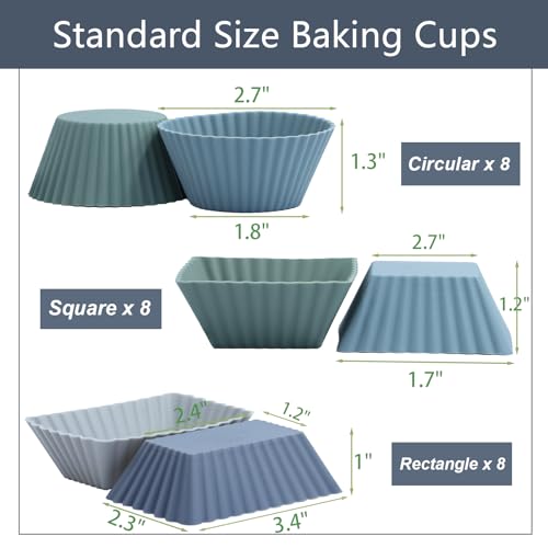 Image of 24Pack Silicone Muffin Cups, Reusable Cupcake Liners Molds for Baking, 3 Shapes Lunch Box Bento Dividers-Round, Square, and Rectangular (Grey Series, Regular Size)