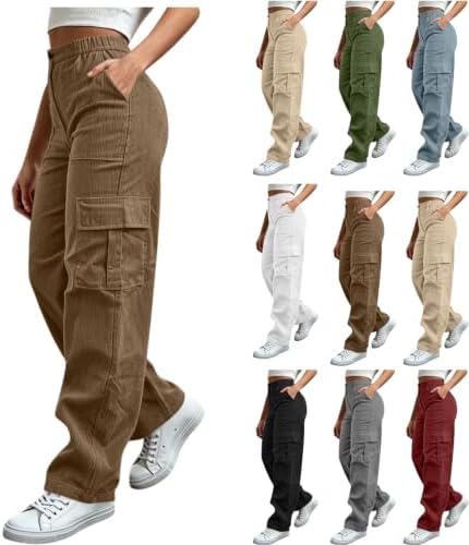 Cargo Pants Women Corduroy Wide Leg High Waisted Zipper Casual Tr...