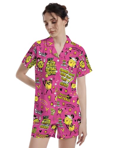 Image of Funny Pajamas for Women Set Print Satin Loungewear Pjs Short Sleeve Button Down Top and Shorts Sets Sleepwear XS-3XL