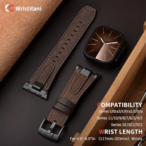 Image of Wristitani Leather Bands Compatible with Apple Watch Band 49mm 46mm 45mm 44mm for Men, Metal Connector & Genuine Leather Straps for iWatch Ultra3 /2 /1 SE3 /2 /1 Series 11 10 9 8 7 6 5 4 [NO Watch and Case]