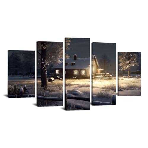 Paysage de neige nocturne or noir en toile pour salon chic JOSUE