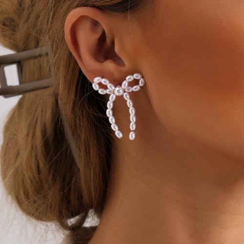 12 Pairs Crystal Rhinestone Pearl Kate Spade bow stud earrings for women Statement Ribbon Fringe Waterfall Dangling Long Chain Bow Dangle Drop Tassel Earrings2