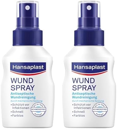 Hansaplast Wundspray (50 ml), zur antiseptischen Wundreinigung durch mechanische Spülung, Spray schützt vor Wundinfektionen, farblos und besonders hautfreundlich (Packung mit 2)