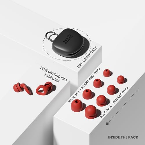 Image of Zenz Unwind Pro Ear Plugs for Sleeping, Soft Silicone Reusable Earplugs for Snoring, Yoga, Reading, Focus & Travel, 35dB Noise Reduction, 4 Sizes XS /S /M /L, Secure Fit with Case (Fiery Red, One Size)