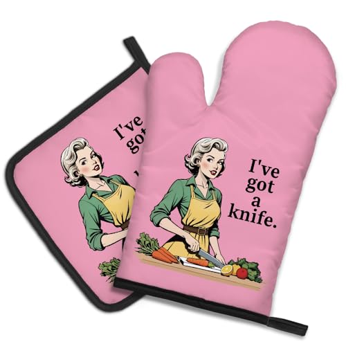 DYJYBMY I've Got A Knife Funny Oven Mitts and Pot Holder Set for Baking Cooking, Vintage Lady Kitchen Gadgets for Women, Fun Housewarming Cooking Gifts for Women Bakers Mom Wife Grilfriend Sister BFF