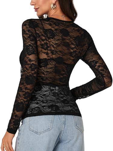 LYANER Women's Sexy Mesh Top Floral Long Sleeve See Through Shirt Lace Sheer Blouses4