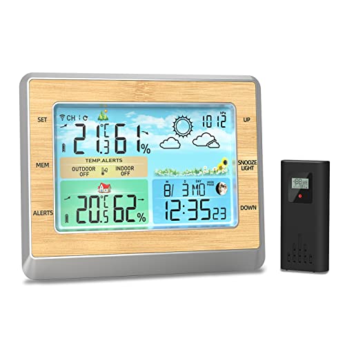 Estación meteorológica inalámbrica,estación de pronóstico de termómetro Digital Interno y Externo con 1 Sensores,Pantalla LED a Color de 6 Pulgadas, con Alarma Temperatura Fecha Pronóstico del Tiempo