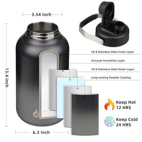 Image of BJPKPK 1 Gallon Water Bottle Insulated, Dishwasher Safe 128oz Large Water Jug with Metal Handle & BPA Free Spout Lid, Stainless Steel Metal Jug for Gym, Sports & Hiking, Black Grey