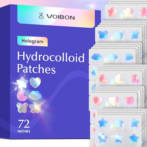 Voibon Hologram Pimple Patches for Face, Cute Hydrocolloid Acne Patches, Salicylic Acid & Tea Tree Colorful Star Spot Stickers,Zits & Blemish,Heart Moon Cloud Butterfly Flower Zit Patches (72 Count)