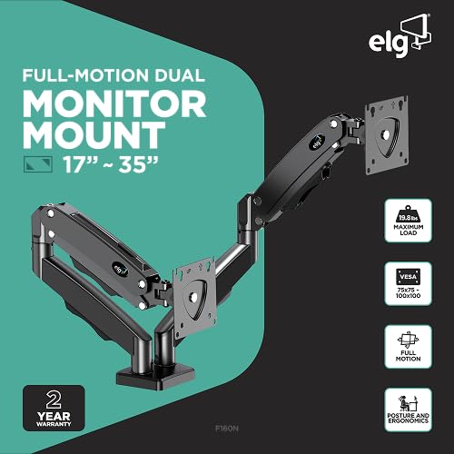 Image of ELG F160N Full 360 Swivel Dual Monitor Stand for Desk,Gas Spring Monitor Arms for 2 Screens 17 inchto 35''(9Kg Load for Each) Adjustable Double Monitors Mount,VESA Mount with C-Clamp &Grommet Base,Black