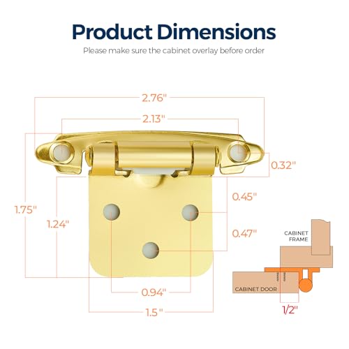 Image of Ravinte 30 Pack (15 Pairs) 1 /2 inch Overlay Cabinet Hinges, Self-Closing Semi-Concealed Face Mount, Satin Brass Decorative Hardware with Door Bumpers for Kitchen & Cupboard Doors, Gold