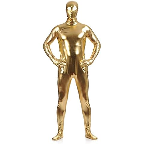 Ensnovo Mens Shiny Metallic Unitard Zentai Suit with Eyes Open Gold, XL Cover