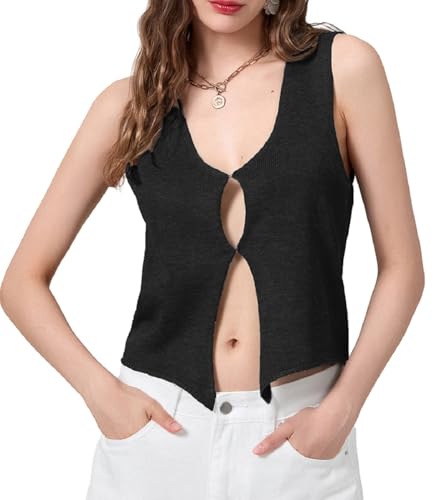 Image of Womens Vintage Knittd Tank Y2k Vest Crop Top Sleeveless V-Neck Open Front Button Crochet Knit Vests Versatile Tops