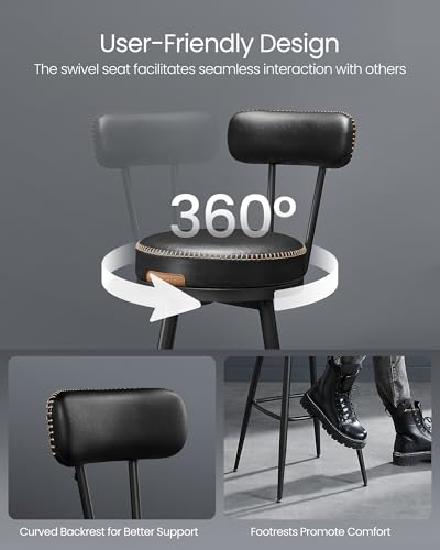 Image of VASAGLE EKHO Collection - Bar Stools Set of 2, Swivel Bar Height Bar Stools with Back, Synthetic Leather with Stitching, Mid-Century Modern, 30-Inch Tall Barstools for Kitchen, Ink Black ULBC889B01V2