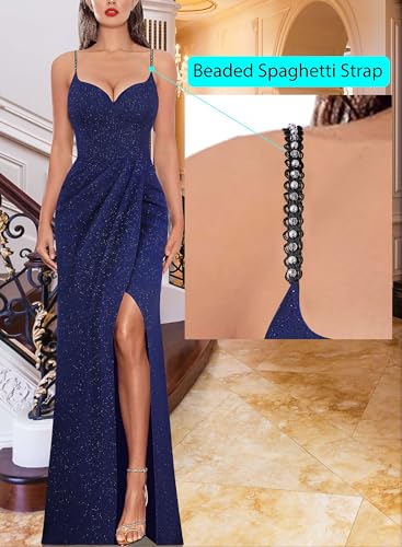 Image of VFSHOW Womens Sexy Formal Ruched Fitted High Slit Bodycon Maxi Dress Spaghetti Strap Sweetheart Cocktail Prom Evening Gown
