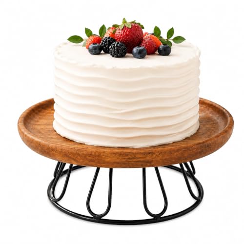 Wooden Cake Stand with Black Metal Wire Base | Round Dessert Disp...