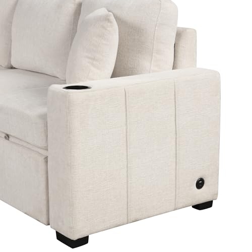 35" Chenille Fabric Modern Folding Sleeper Recliner, Modern Multifunctional Foldable Sofa Chair Bed with usb ports and cup holders, Sleeper Sofa with detachable pillows for indoor living areas, Beige - Image 9