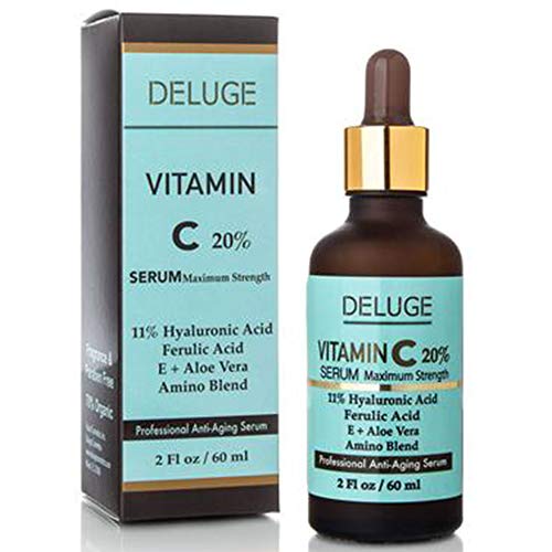 DELUGE - Vitamin C Serum for face with 20% Vitamin C, (NET WEIGHT 2 OZ). 11% Botanical Hyaluronic Acid, Ferulic Acid, E + Aloe Vera. Professional Anti-Aging Serum. Brightens Age Spots & Discoloration.