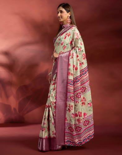 Image of SIRIL Women's Dola Silk Printed Jacquard Border Ready To Wear Saree with Unstitched Blouse Piece