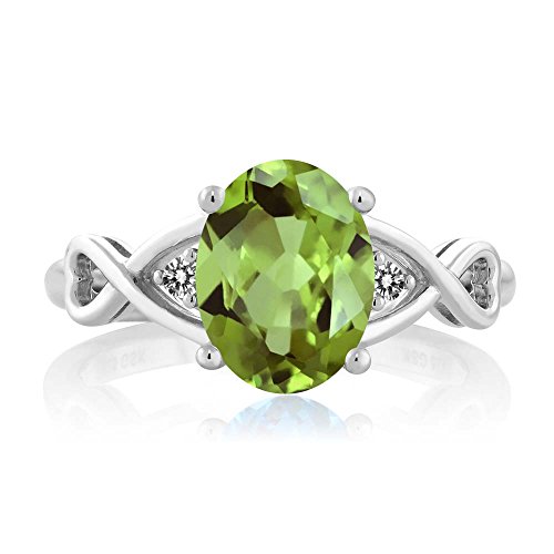 Gem Stone King 925 Sterling Silver Green Peridot and White Diamond 3 Stone Ring For Women (1.86 Cttw, Gemstone Birthstone, Available In Size 5, 6, 7, 8, 9)3