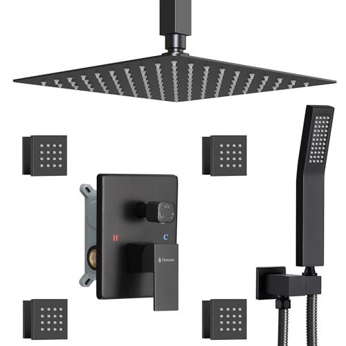 Matte Black Shower System with 4 PCS Shower Body Spray Jets & 12â€™â€™ Ceiling Shower Head & Handheld Spray, DASAN Full Body Shower Faucet System with Jets Rainfall Shower Combo Set, SA-SS03BMB-S12C