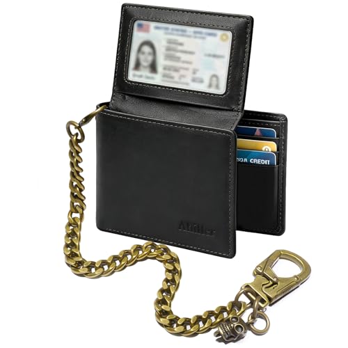 Ahiller Men's RFID Bifold Wallet with Chain | Crazy Horse Leather,Slim,Removable Anti-Theft Metal Chain,Come with Gift Box,Vertical Flip ID Window,8 Card Slots, Black