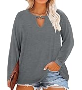 Plus Size Tops for Women Key Hole Round V Neck Blouses Long Sleeve Cut Out Sexy Tops Tee Casual F...