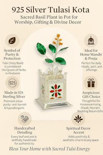 Image of 925 Sterling Silver Tulsi Basil Plant with Pot | Handcrafted Pooja Article for Home Temple | Auspicious Spiritual Decor | Prosperity Symbol | Gift for Diwali, Festivals, Housewarming