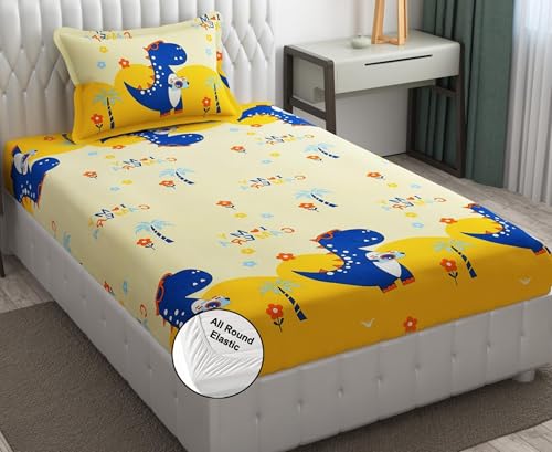 Image of Filymore Dino Camera Elastic Fitted bedsheet for Kids Room Single Bed 240 TC Soft Microfiber 1 bedsheet and 1 Pillow Cover (Size 72x36 inches) fit up to 6 inches Mattress(offwhite and Yellow)