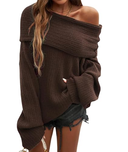 Sexyshine Women's Sexy Off Shoulder Oversized Sweaters Long Sleeve Loose Soft Knitted Pullover Tunic Tops(31387BR,S) Brown